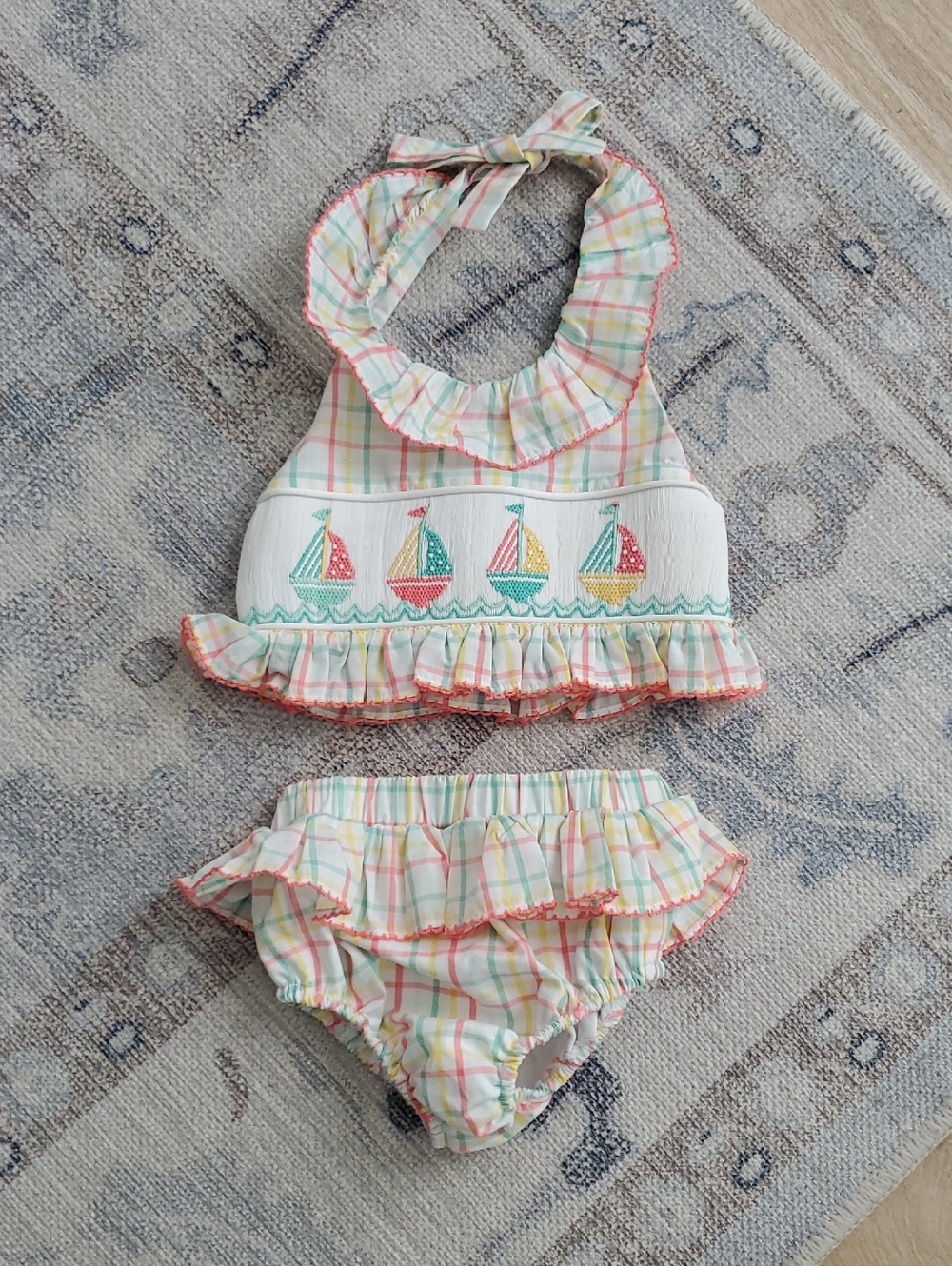 Shrimp & Grits Toddler Girls Multi-Plaid Smocked Swimsuit Sailboats Ruffle Sz3T
